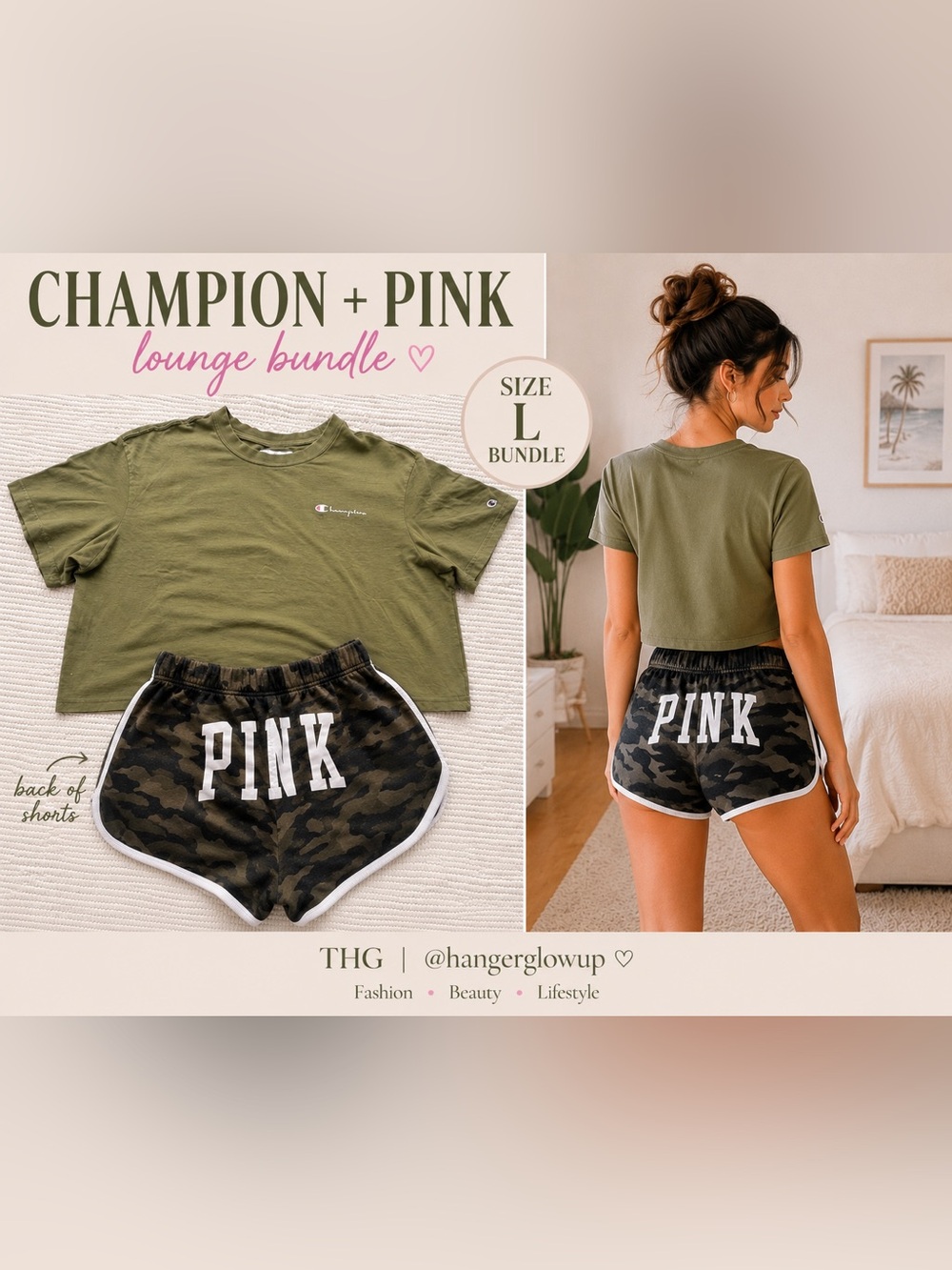 Champion Crop Tee + PINK Camo Lounge Shorts Bundle
